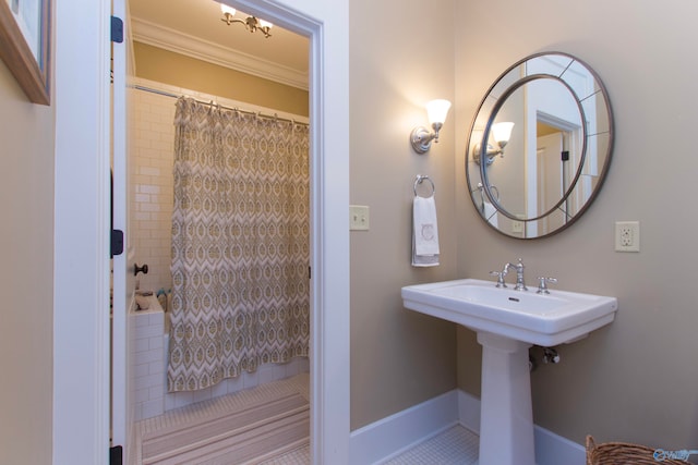 bathroom with tile patterned flooring and shower / bath combination with curtain