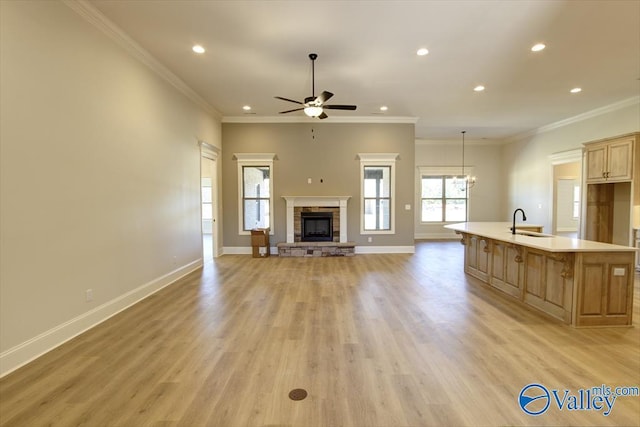 unfurnished living room with ornamental molding, a fireplace, sink, and light wood-type flooring