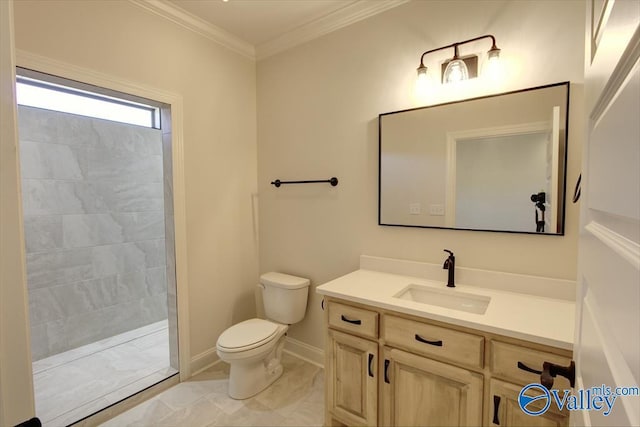 bathroom featuring crown molding, a tile shower, vanity, and toilet