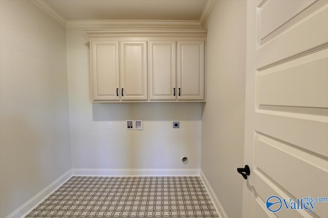 laundry area with cabinets, ornamental molding, electric dryer hookup, and washer hookup