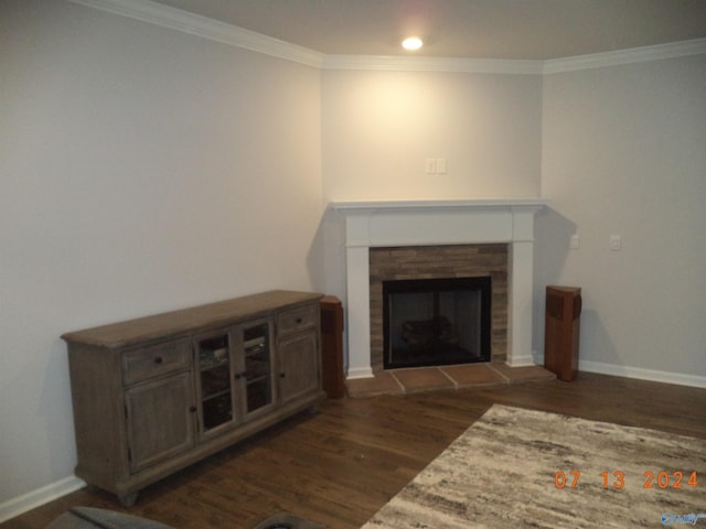 319 Jackson Point Cir, Huntsville, AL 35811 - unfurnished living room with dark wood-style floors, a tiled fireplace, ornamental molding, and baseboards