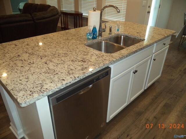 319 Jackson Point Cir, Huntsville, AL 35811 - kitchen featuring stainless steel dishwasher, a sink, dark wood finished floors, light stone countertops, and white cabinets