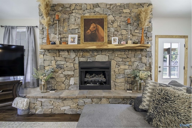 living room featuring a fireplace and hardwood / wood-style floors