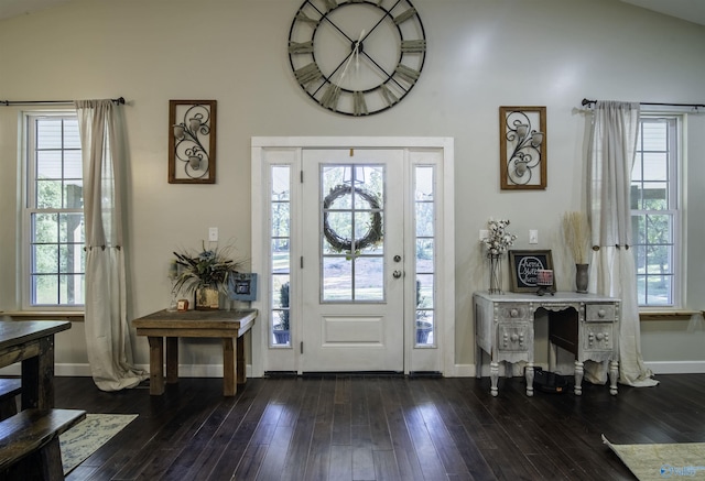 entryway featuring dark hardwood / wood-style floors and lofted ceiling