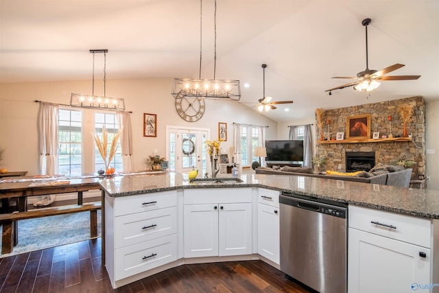 kitchen with dishwasher, dark hardwood / wood-style flooring, and white cabinetry