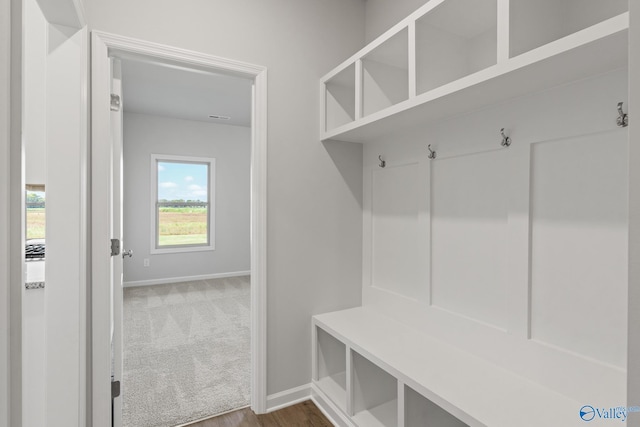 mudroom featuring baseboards and carpet floors