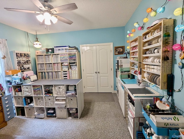 office space featuring a ceiling fan, carpet floors, and a textured ceiling