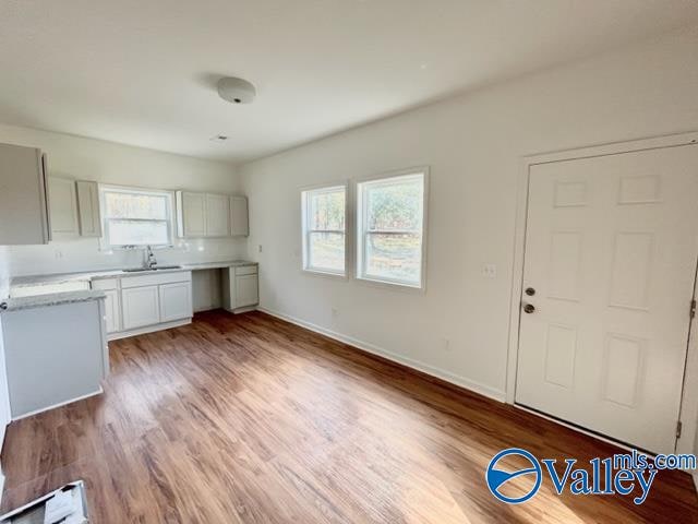 kitchen with wood-type flooring, white cabinetry, and sink