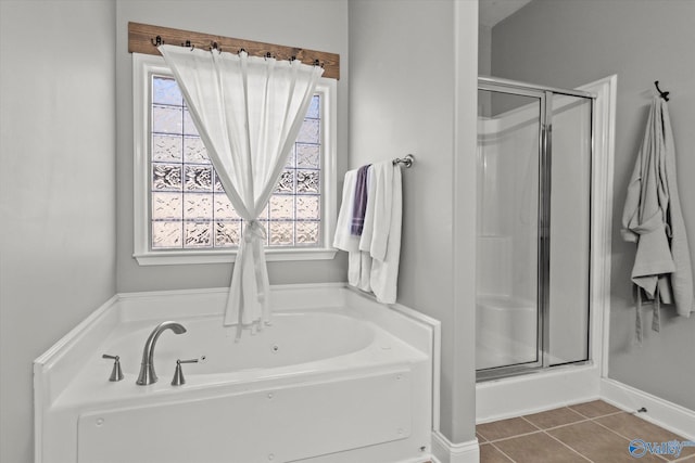 bathroom with plus walk in shower and tile patterned floors