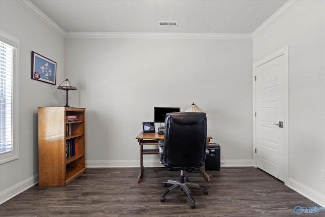 office featuring ornamental molding and dark wood-type flooring