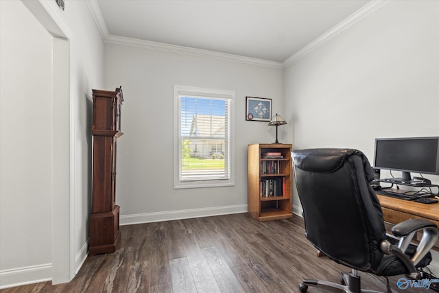 home office with dark hardwood / wood-style floors and ornamental molding