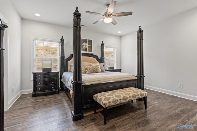 bedroom featuring ceiling fan and dark hardwood / wood-style flooring