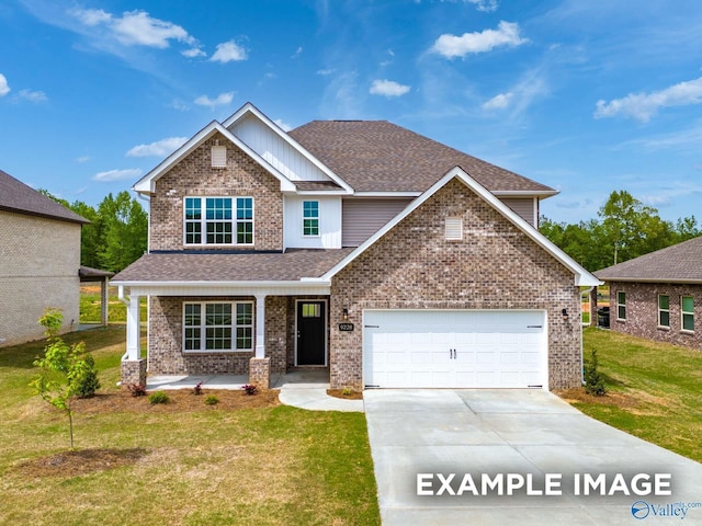 craftsman-style house featuring an attached garage, a shingled roof, a front lawn, and concrete driveway