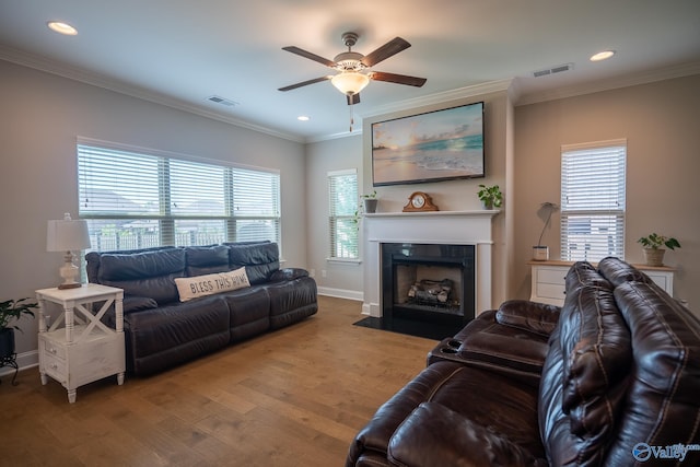 24337 Beacon Cir, Athens, AL 35613 - living room with ceiling fan, ornamental molding, a tile fireplace, wood finished floors, and healthy amount of natural light