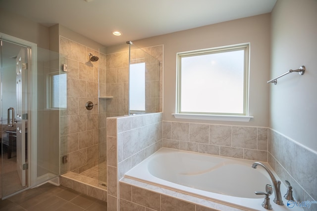 24337 Beacon Cir, Athens, AL 35613 - bathroom featuring a shower stall, a bath, tile patterned flooring, and recessed lighting