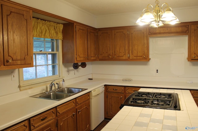 kitchen featuring brown cabinets, dishwasher, crown molding, and a sink