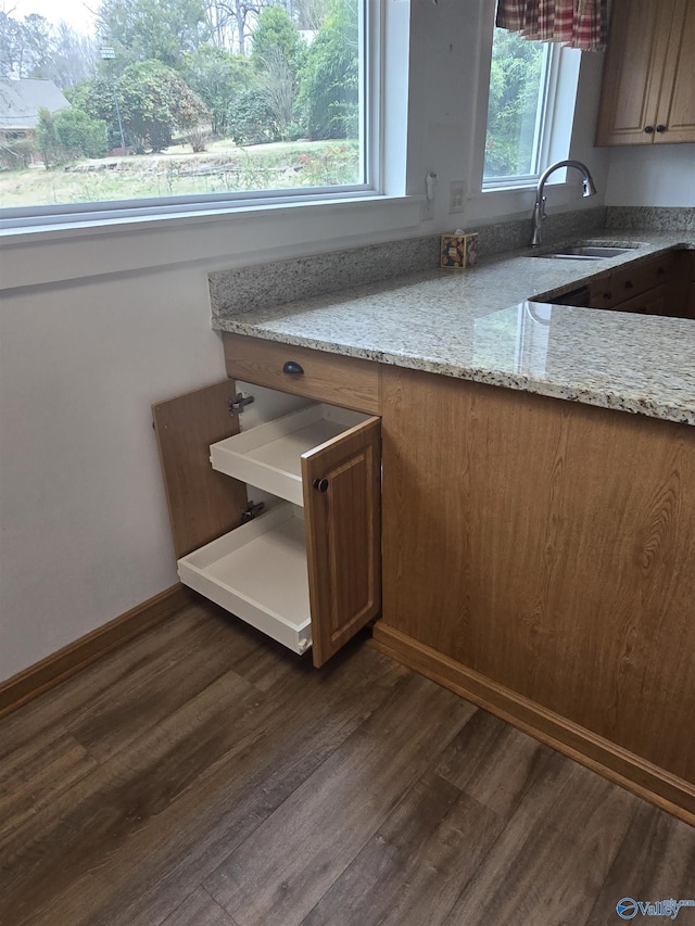 kitchen featuring a sink, light stone countertops, and dark wood finished floors