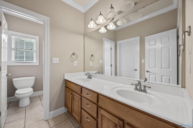 full bathroom with double vanity, a sink, tile patterned floors, and ornamental molding
