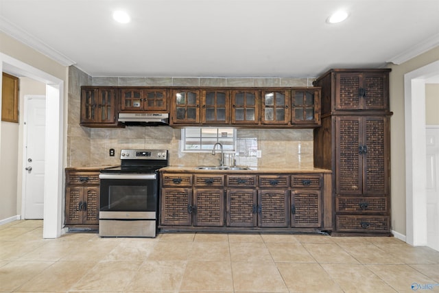 kitchen with crown molding, stainless steel electric stove, under cabinet range hood, and a sink