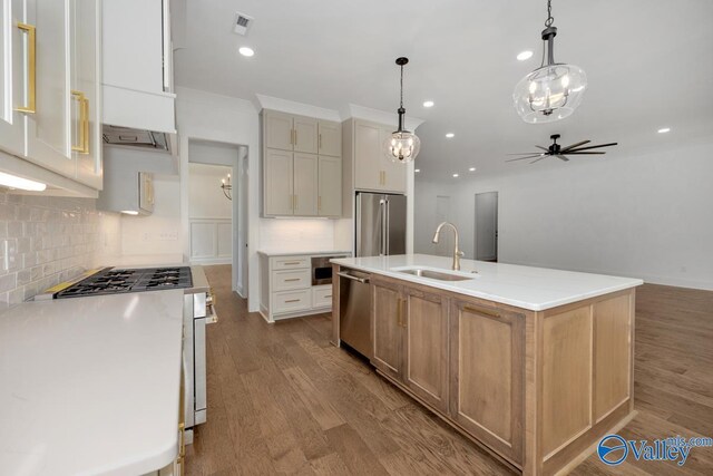 kitchen featuring tasteful backsplash, sink, appliances with stainless steel finishes, light hardwood / wood-style flooring, and a kitchen island with sink