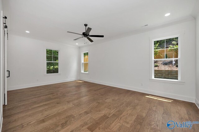 empty room with dark hardwood / wood-style floors, a wealth of natural light, and ceiling fan