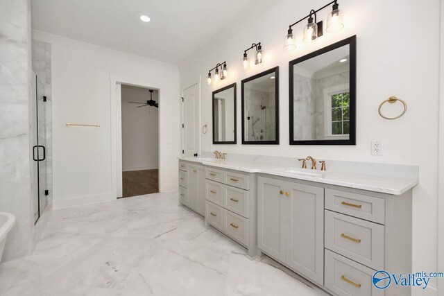 bathroom with dual vanity, independent shower and bath, ceiling fan, and tile patterned floors