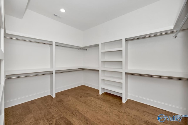 walk in closet with dark hardwood / wood-style flooring