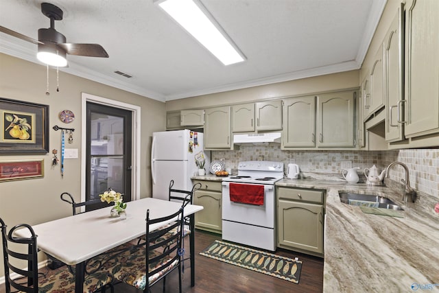 kitchen with visible vents, white appliances, under cabinet range hood, a sink, and backsplash