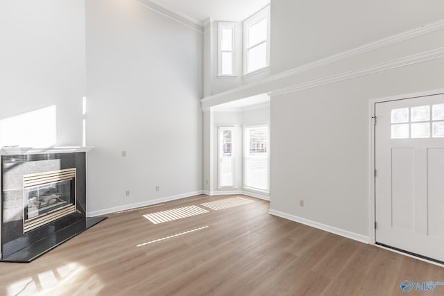 entryway with wood-type flooring, ornamental molding, and a high ceiling