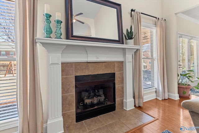 details with ceiling fan, a fireplace, wood finished floors, baseboards, and ornamental molding