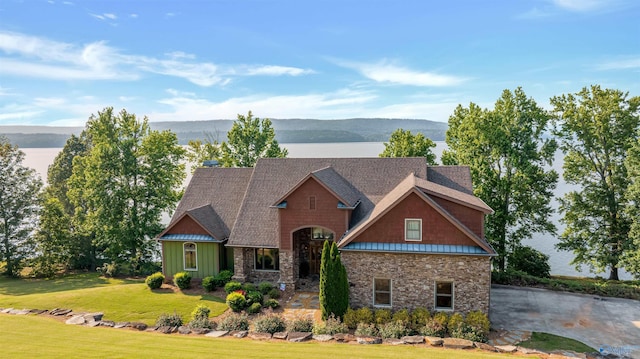 900 Menominee Rd, Langston, AL 35755 - view of front of home with stone siding, a front lawn, and a mountain view
