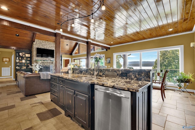 900 Menominee Rd, Langston, AL 35755 - kitchen with dishwasher, wooden ceiling, open floor plan, a center island with sink, and stone counters