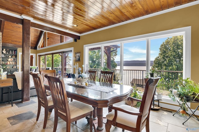 900 Menominee Rd, Langston, AL 35755 - dining room featuring ornamental molding, wood ceiling, plenty of natural light, and lofted ceiling