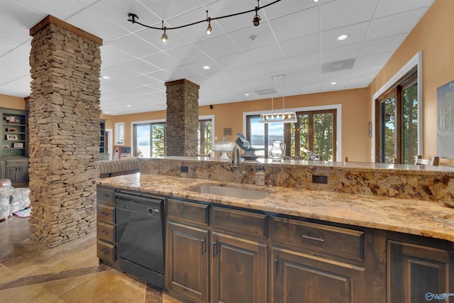 900 Menominee Rd, Langston, AL 35755 - kitchen featuring dishwasher, ornate columns, light stone counters, a paneled ceiling, and recessed lighting