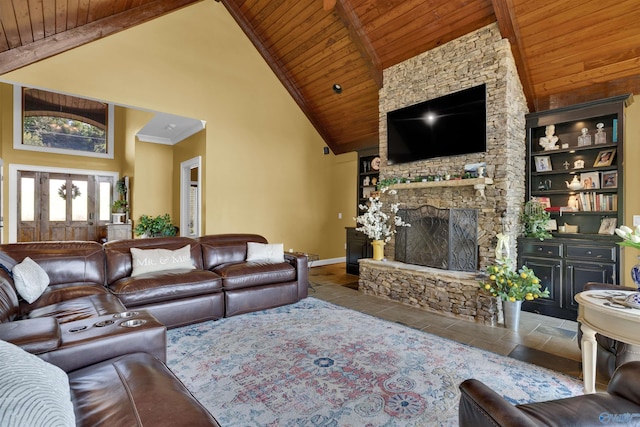 900 Menominee Rd, Langston, AL 35755 - living room featuring wooden ceiling, high vaulted ceiling, and a fireplace
