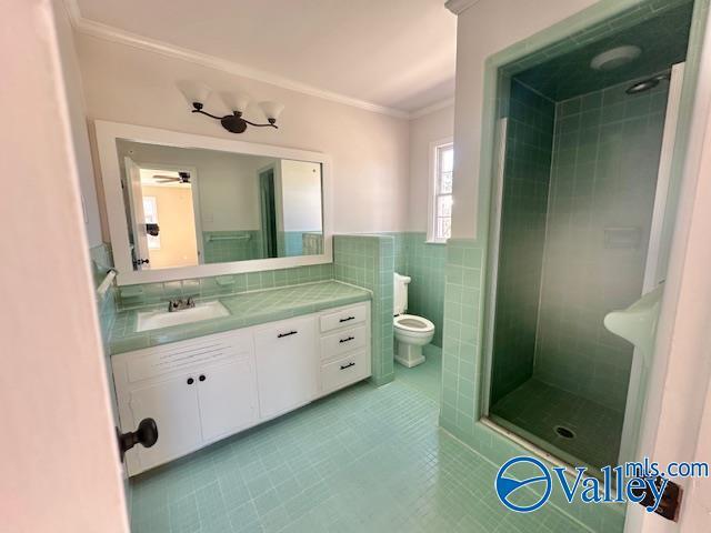 bathroom with toilet, vanity, tile walls, ornamental molding, and a stall shower