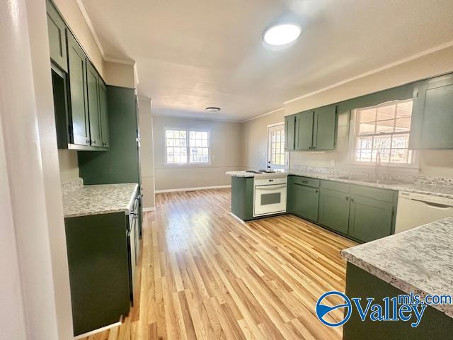 kitchen with light countertops, green cabinets, a sink, light wood-type flooring, and white appliances