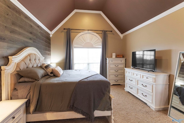 carpeted bedroom featuring ornamental molding, wooden walls, and lofted ceiling