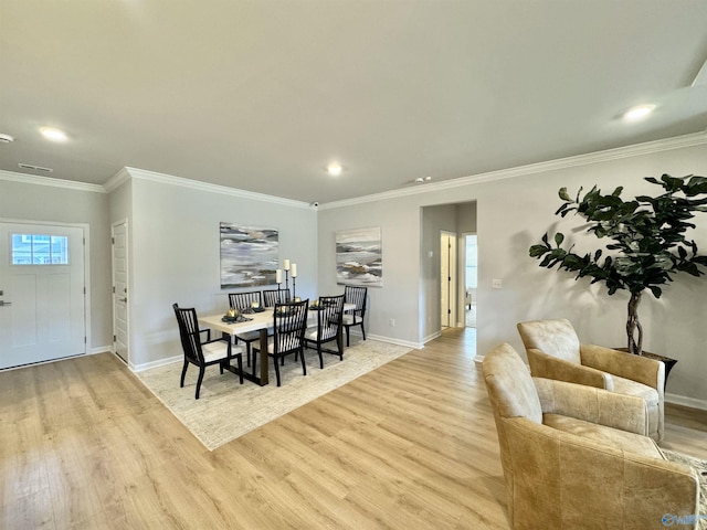 203 Shangrila Way, Meridianville, AL 35759 - dining area featuring light wood-type flooring, baseboards, ornamental molding, and recessed lighting