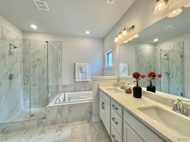 203 Shangrila Way, Meridianville, AL 35759 - bathroom featuring a garden tub, a marble finish shower, marble finish flooring, double vanity, and recessed lighting