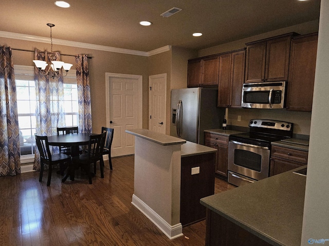 2031 Blake Bottom Rd Unit 2, Huntsville, AL 35806 - kitchen featuring appliances with stainless steel finishes, a center island, dark wood finished floors, a chandelier, and recessed lighting