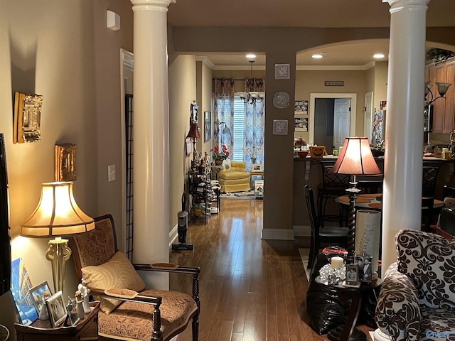 2031 Blake Bottom Rd Unit 2, Huntsville, AL 35806 - hall featuring decorative columns, dark wood-type flooring, recessed lighting, and arched walkways