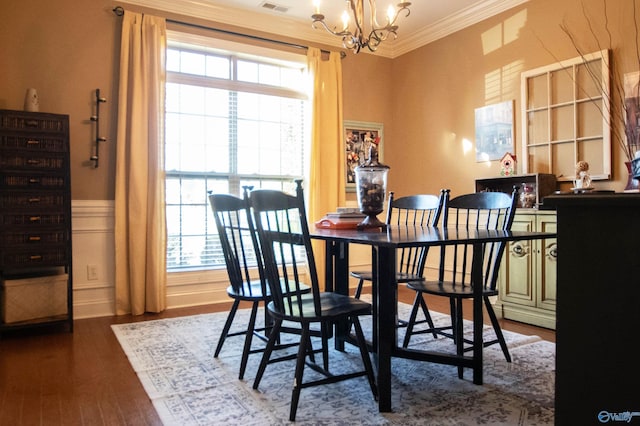 29960 Copper Run Dr, Harvest, AL 35749 - dining room featuring crown molding, a chandelier, healthy amount of natural light, wood finished floors, and wainscoting