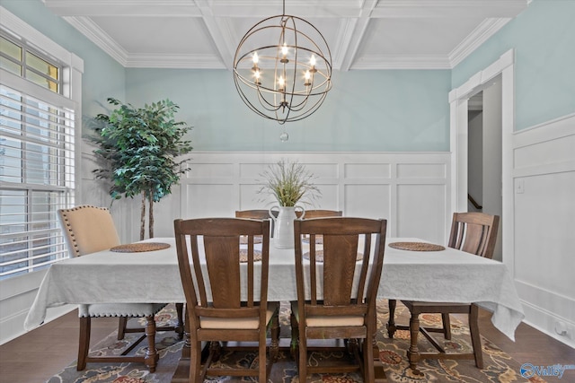 dining space with coffered ceiling, crown molding, a notable chandelier, beamed ceiling, and dark hardwood / wood-style floors