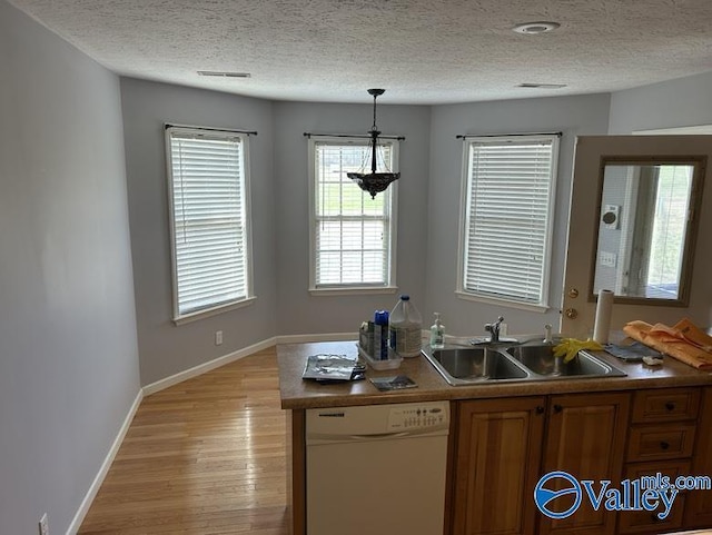 kitchen featuring white dishwasher, light wood-type flooring, a textured ceiling, pendant lighting, and sink