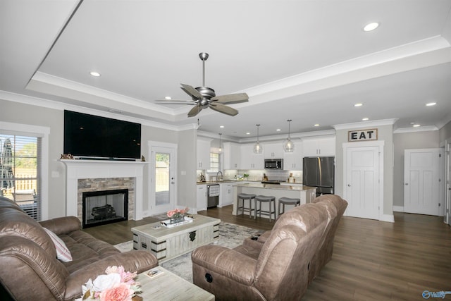 living room featuring a tray ceiling, a wealth of natural light, a stone fireplace, and dark hardwood / wood-style flooring