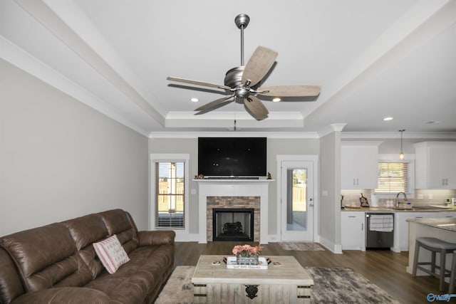 living room featuring dark hardwood / wood-style floors, a stone fireplace, a tray ceiling, and a healthy amount of sunlight