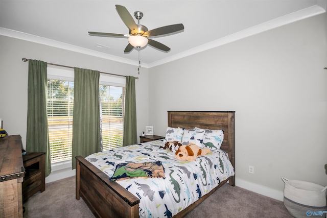 bedroom featuring crown molding, carpet, and ceiling fan