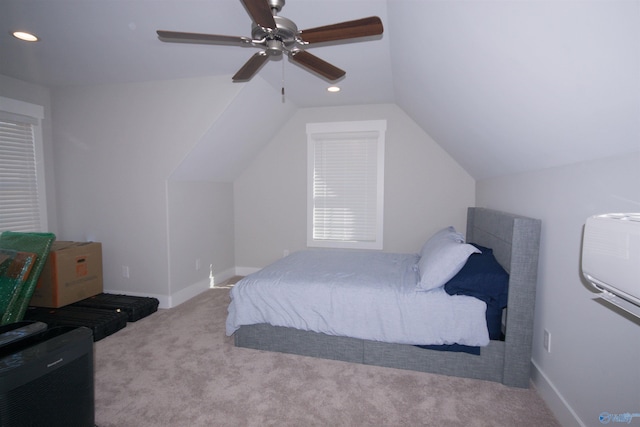 carpeted bedroom featuring lofted ceiling and ceiling fan