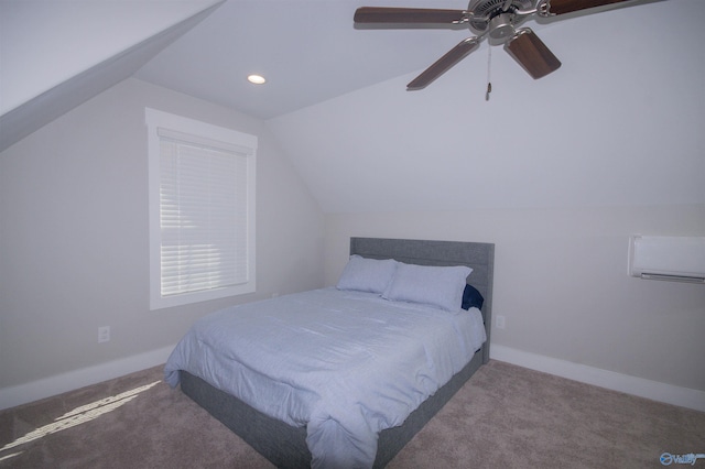 bedroom featuring lofted ceiling, carpet flooring, and ceiling fan